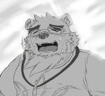  2020 anthro bodily_fluids clothing crying eyes_closed eyewear glasses hi_res kemono male mammal overweight overweight_male portrait shirt simple_background siroihigenokoi solo tears tokyo_afterschool_summoners topwear ursid video_games volos 