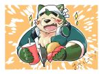  2020 anthro belly blush burger canid canine canis cute_fangs domestic_dog eyes_closed food fur green_body green_fur headphones headphones_around_neck hi_res humanoid_hands kemono live-a-hero mammal mokdai overweight solo video_games yuuki_no_shippo 