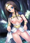  blue_eyes bottomless bracelet breasts brown_hair cape choker circlet dragon_quest dragon_quest_viii forest highres jewelry large_breasts long_hair medea nature no_bra no_panties open_clothes open_shirt princess pussy shinozuka_jouji shirt solo wading water 