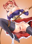  areola_slip areolae artist_request bare_shoulders black_legwear blush breasts bursting_breasts censored corset dragon_quest dragon_quest_viii dress highres huge_breasts jessica_albert leg_up legs mosaic_censoring no_panties one_eye_closed red_hair solo strapless strapless_dress thighhighs thighs twintails upskirt whip 