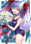  1girl aqua_background ass bangs bare_shoulders blue_eyes blue_hair blue_swimsuit blush border bouquet breasts cluseller commentary_request confetti daisy english_text eyebrows_visible_through_hair flower from_behind hair_ribbon hand_up happy happy_birthday hatsune_miku highres holding light_blush long_hair looking_back looking_to_the_side one-piece_swimsuit open_mouth outside_border red_ribbon ribbon shiny shiny_clothes shiny_hair shiny_skin simple_background skindentation small_breasts smile solo standing swimsuit teeth thighhighs tied_hair tongue translated twintails twisted_torso vocaloid white_border white_flower white_legwear 