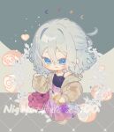  1girl bag black_camisole blue_eyes blush breasts brown_coat camisole chibi cinnamon_roll coat collarbone commentary_request crescent_moon cup disposable_cup drink floral_print flower full_body grey_hair group_name hair_between_eyes hair_intakes half_updo hand_up heart highres holding holding_bag holding_drink jewelry long_skirt long_sleeves looking_at_viewer moon multicolored_skirt necklace official_alternate_costume official_alternate_hair_length official_alternate_hairstyle open_clothes open_coat parted_lips pink_skirt project_sekai puffy_long_sleeves puffy_sleeves purple_skirt serena_zera short_hair sidelocks single_off_shoulder skirt sleeves_past_wrists small_breasts solo spaghetti_strap sparkle standing star_(symbol) wavy_hair yoisaki_kanade zozotown 