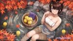  1girl arm_under_breasts artist_name autumn autumn_leaves bare_arms bare_shoulders bathing blue_eyes blush breasts brown_hair bucket cleavage closed_mouth collarbone commission falling_leaves food from_above fruit hair_ornament highres knees_up leaf looking_at_viewer maple_leaf medium_breasts onsen original partially_submerged rock short_hair sitting smile steam twitter_username wajuniorbox water wooden_bucket x_hair_ornament 