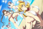  4girls ahoge animal_ears arm_up barefoot bikini black_ribbon blue_bikini blue_sky blush bouncing_breasts breasts brown_hair clothes_theft collarbone commentary day dog_ears dog_tail english_commentary folding_fan glasses grin hair_ribbon hairband hand_fan holding holding_fan holding_leash holding_sign large_breasts leash lindaroze long_hair low_twintails medium_breasts medium_hair multiple_girls no_symbol one_eye_closed open_mouth outdoors polka_dot polka_dot_bikini purple_hair red_bikini red_hairband ribbon rin_(senran_kagura) ryoubi_(senran_kagura) ryouna_(senran_kagura) senran_kagura sign sky smile standing standing_on_one_leg striped_bikini striped_clothes swimsuit tail theft thighs topless_female twintails underboob very_long_hair white_bikini yumi_(senran_kagura) 