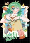  1girl bead_necklace beads carrot carrot_hair_ornament collared_shirt commentary dot_nose english_commentary food-themed_hair_ornament green_eyes green_hair grid_background gumi hair_ornament heart heart_hands highres i_can't_wait_(synthesizer_v) jewelry light_blush medium_hair necklace one_eye_closed open_mouth peedee_(pidi) rabbit shirt sidelocks solo song_name sparkle star_(symbol) star_print synthesizer_v tamagotchi tamagotchi_(virtual_pet) vest virtual_pet_(toy) vocaloid white_shirt yellow_vest 