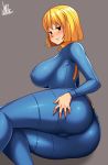  1girl absurdres ass blonde_hair blue_bodysuit blush bodysuit breasts covered_nipples fallout_(series) fallout_4 grey_background highres jmg large_breasts long_hair looking_at_viewer simple_background thick_thighs thighs vault_girl 