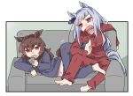  2girls animal_ears barefoot beer_hsk blue_bow bow brown_hair cellphone collared_shirt commentary_request couch dress_shirt ear_bow gold_ship_(umamusume) grey_hair groin hair_between_eyes holding holding_phone horse_ears horse_girl horse_tail long_hair long_sleeves midriff_peek multiple_girls nakayama_festa_(umamusume) navel on_couch open_mouth pants parted_lips phone puffy_long_sleeves puffy_sleeves purple_eyes purple_pants purple_shirt red_eyes red_pants red_shirt shirt tail umamusume very_long_hair 