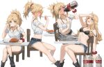  1girl absurdres bare_shoulders black_bra blonde_hair blush bottle bra braid breasts chair cola commentary_request curry curry_rice denim denim_shorts drinking fate/apocrypha fate_(series) food green_eyes hair_ornament hair_scrunchie half_up_braid highres licking_lips long_hair looking_at_viewer mordred_(fate) multiple_views navel open_mouth parted_bangs ponytail red_scrunchie rice scrunchie shorts sidelocks sitting small_breasts smile soda_bottle tonee tongue tongue_out underwear 