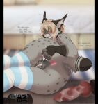 after_masturbation after_penetration after_vaginal after_vaginal_penetration andromorph anthro anus bedroom blonde_hair blurred_background blush bodily_fluids breath brown_ears brown_tail_tip butt canada_lynx claws clothing cum cumlube dialogue dildo dildo_on_ground dipstick_tail ear_tuft facial_markings facial_tuft felid feline footwear fur genital_fluids genitals glistening glistening_hair gloves_(marking) green_eyes hair head_markings hi_res inner_ear_fluff intersex jamie_(fauchsil) knot knotted_dildo leaking_cum leaking_lube legwear lube lube_bottle lube_in_pussy lube_on_hand lube_on_sex_toy lying lynx mammal markings medium_hair motion_lines nonbinary_(lore) nub_tail on_ground on_side open_mouth pattern_clothing pattern_footwear pattern_legwear pattern_socks perineum pink_anus pink_nose pink_vulva presenting presenting_anus presenting_hindquarters sex_toy shiki-kun-baka socks solo spots striped_clothing striped_footwear striped_socks stripes sweat sweatdrop tail tail_markings tan_body tan_fur teeth text tied_hair tongue tuft vulva yellow_sclera