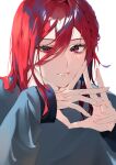  1boy bishounen blue_lock blue_shirt chigiri_hyoma closed_mouth commentary_request fingernails hair_between_eyes highres long_hair long_sleeves looking_at_viewer male_focus red_eyes red_hair shirt simple_background solo white_background xe5m38 