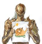  1boy alternate_form androgynous armor commentary_request covered_eyes dark_skin elden_ring elden_ring_nightreign executor_(elden_ring) facing_viewer gauntlets grass helmet helmet_over_eyes highres holding holding_painting horns jivynni monster painting_(object) solo standing sun topknot upper_body white_background 