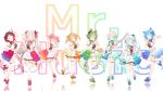  6+girls animare english_text highres honey_strap inaba_haneru_(animare) kisaki_anko kusumoto_shizuru multiple_girls reflection ryugasaki_rene sekishiro_mico song_name sugar_lyric suou_patra v_ap_art white_background wide_shot 