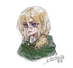  1girl blonde_hair blue_eyes character_name cloak closed_mouth dated green_cloak gucandiyi52092 hair_between_eyes hashtag-only_commentary hood hood_down krista_lenz lips medium_hair ponytail portrait shingeki_no_kyojin simple_background smile solo sweatdrop white_background 