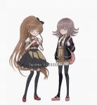  2girls backpack bag bangs black_bow black_dress black_jacket black_legwear black_shirt blush bow braid brown_skirt button_eyes cat_bag collared_shirt commentary criis-chan crossover danganronpa doll dress dress_shirt flipped_hair full_body grey_background hair_bow hair_ornament hairclip holding_strap identity_v interlocked_fingers jacket long_hair looking_at_another looking_at_viewer mary_janes multiple_girls nanami_chiaki pink_bag pink_footwear pleated_skirt puffy_short_sleeves puffy_sleeves shirt shirt_tucked_in shoes short_sleeves simple_background skirt smile sonia_nevermind standing super_danganronpa_2 thighhighs twitter_username two-tone_shirt white_shirt zettai_ryouiki 