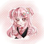  1girl :3 argyle_background argyle_clothes argyle_vest bead_bracelet bead_necklace beads black_vest border bracelet brown_eyes cellphone chinese_commentary closed_mouth collared_shirt commentary_request cropped_torso eyelashes fang fang_out flip_phone frilled_vest frills gyaru hair_ornament hair_scrunchie hairclip happy highres holding holding_phone infinity_nikki jewelry light_blush light_particles lipstick long_hair looking_at_viewer makeup necklace necktie nikki_(series) outline parallel_hairclips phone pink_arm_warmers pink_background pink_hair pink_lips pink_scrunchie pink_shirt plaid_arm_warmers plaid_clothes plaid_necktie puffy_short_sleeves puffy_sleeves rainbow_hair_ornament rosie_sweetheart_(infinity_nikki) round_border scrunchie shirt short_sleeves sidelocks smile solo sparkling_eyes star_(symbol) star_hair_ornament tongzhi469 two_side_up unmoving_pattern very_long_hair vest wavy_hair white_border white_outline white_scrunchie x_hair_ornament y2k_fashion 