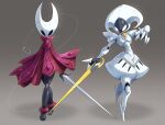  armor armored_dress arthropod_girl black_background cloak commentary dress english_commentary flower gradient_background grey_background highres holding holding_needle holding_sword holding_weapon hollow_knight hollow_knight:_silksong hornet_(hollow_knight) horns knight lace_(hollow_knight) mega_man_(series) mega_man_zero_(series) mega_man_zx needle red_cloak simple_background spider_lily string sword ultimatemaverickx weapon 