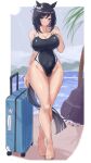  1girl absurdres animal_ears artistic_error bare_legs barefoot beach black_one-piece_swimsuit blue_eyes breasts closed_mouth commentary commission competition_swimsuit eishin_flash_(umamusume) full_body highres horse_ears horse_girl horse_tail j450n777 large_breasts looking_at_viewer ocean one-piece_swimsuit palm_tree pixiv_commission revision rolling_suitcase smile solo standing suitcase swimsuit tail tree umamusume wrong_foot 