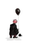  1boy animal balloon black_cat black_footwear black_jacket black_pants blue_hair btmr_game cat formal from_behind hypnosis_mic jacket kannonzaka_doppo long_sleeves male_focus multicolored_hair pants red_hair red_legwear shadow signature simple_background socks squatting suit white_background 