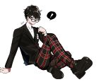  ! 1boy amamiya_ren bangs black_footwear black_hair black_jacket btmr_game glasses jacket long_sleeves male_focus pants persona persona_5 plaid plaid_pants red_eyes school_uniform shuujin_academy_uniform signature simple_background sitting smile solo spoken_exclamation_mark white_background 