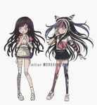  2girls :q \m/ apron asymmetrical_legwear bandaged_arm bandaged_leg bandages bandaid bandaid_on_knee bangs black_hair black_nails black_skirt blue_hair blue_legwear blush breasts button_eyes commentary criis-chan crossover danganronpa ear_piercing embarrassed english_commentary full_body hand_up identity_v lip_piercing long_hair mioda_ibuki mismatched_legwear mole mole_under_eye multicolored_hair multiple_girls nurse open_mouth piercing pink_hair pink_shirt pleated_skirt puffy_short_sleeves puffy_sleeves purple_eyes purple_hair school_uniform serafuku shirt shoes short_sleeves skirt smile sneakers standing stitches super_danganronpa_2 thighhighs tongue tongue_out torn_clothes torn_legwear tsumiki_mikan white_footwear white_hair white_shirt 