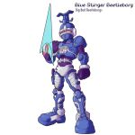  2000s_(style) armor beetle_horn big_bad_beetleborgs blue_armor blue_stinger_beetleborg character_name clenched_hands copyright_name energy_sword full_body highres humanoid_robot karakatodzo mechanization mega_man_(series) mega_man_zero_(series) nakayama_tooru_(style) outstretched_hand parody red_eyes robot simple_background standing style_parody sword tagme weapon white_background 