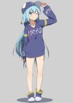  1girl ;d alternate_costume aqua_(konosuba) arm_at_side arm_up bare_legs baseball_cap blue_eyes blue_hair casual clothes_writing collarbone drawstring full_body grey_background grin hand_on_headwear hat hood hood_down hoodie kono_subarashii_sekai_ni_shukufuku_wo! long_hair long_sleeves no_pants one_eye_closed open_mouth purple_footwear purple_headwear purple_hoodie salpin shoes simple_background smile solo standing teeth v-shaped_eyebrows 