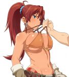  1girl 1other bellows_(suisei_no_gargantia) belt bikini bikini_top_only bikini_top_pull blue_eyes breasts brown_belt brown_hair clenched_teeth commentary_request gloves hair_ornament hair_scrunchie large_breasts long_hair navel orange_bikini out_of_frame ponytail pulling_another's_clothes scrunchie sidelocks simple_background solo_focus strap_gap suisei_no_gargantia swimsuit teeth tenchisouha upper_body white_background 