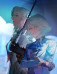 2girls ahoge arlecchino_(genshin_impact) artist_name ascot black_eyes black_gloves black_lips black_shirt black_vest blue_ascot blue_eyes blue_gem blue_hair blue_jacket blue_pupils blurry blurry_background breasts claws commentary day drill_hair drill_sidelocks english_commentary frills furina_(genshin_impact) gem genshin_impact gloves gold_ring grey_hair grey_vest hand_on_own_arm highres holding holding_umbrella huge_ahoge jacket jewelry keibleh lapels lips long_sleeves looking_at_viewer mandarin_collar medium_breasts multicolored_hair multiple_girls no_headwear open_clothes open_jacket outdoors pendant rain red_pupils shirt sidelocks sky teeth two-tone_hair umbrella upper_body vest white_jacket white_shirt white_sky 