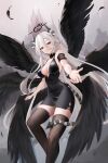  1girl absurdres armband bare_shoulders black_dress black_halo black_thighhighs black_wings breasts cleavage closed_mouth commentary_request covered_navel cross-laced_slit dintea dress falling_feathers feathered_wings feathers flying frilled_armband frills from_below grey_horns grey_sky hair_between_eyes halo heterochromia highres horns itsuki_(meridian_project) large_breasts long_hair long_hair_between_eyes looking_at_viewer meridian_project mountain multiple_wings nail_polish offering_hand pink_nails red_eyes seraph sidelocks sky sleeveless sleeveless_dress smile solo tail thighhighs thighs very_long_hair virtual_youtuber white_hair wings yellow_eyes 