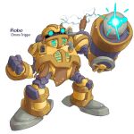  1other 2000s_(style) arm_cannon armor blue_eyes character_name chrono_trigger clenched_hand commentary copyright_name english_commentary full_body highres humanoid_robot karakatodzo mega_man_(series) mega_man_zero_(series) microphone nakayama_tooru_(style) parody robo_(chrono_trigger) robot solo standing steam style_parody tagme weapon 