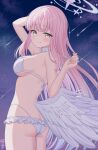 1girl angel_wings arm_up ass back bikini blue_archive breasts choker closed_mouth commentary crescent feathered_wings highres kurumi_lm long_hair looking_at_viewer looking_back low_wings medium_breasts mika_(blue_archive) mika_(swimsuit)_(blue_archive) night official_alternate_costume official_alternate_hairstyle outdoors pink_hair shooting_star sideboob signature sky smile solo star_(sky) starry_sky swimsuit very_long_hair white_bikini white_choker white_wings wing_ornament wings 