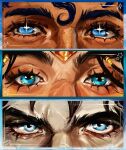  1girl 2boys batman batman_(series) blue_eyes close-up commentary dc_comics english_commentary eye_focus eyelashes hair_between_eyes hannrum highres looking_at_viewer multiple_boys portrait superman superman_(series) upper_body wonder_woman wonder_woman_(series) 