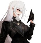  1girl angelica_(project_moon) arczaeon black_gloves black_jacket black_sweater blue_eyes blush breath commentary drooling english_commentary eyeshadow from_side gloves highres holding holding_mask jacket jewelry lapels library_of_ruina long_hair long_sleeves makeup mask necklace notched_lapels open_mouth project_moon red_eyeshadow ring ring_necklace saliva saliva_trail simple_background solo sweat sweater teeth turtleneck turtleneck_sweater unworn_mask upper_teeth_only white_background white_hair 