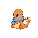 absurdres blue_eyes blue_scarf charmander fiery_tail fire flame-tipped_tail food highres holding holding_stick marshmallow no_humans pokemon pokemon_(creature) pokemon_focus scarf sevi_(seviyummy) stick tail 