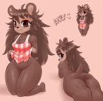  2020 animal_crossing anthro apron apron_lift apron_only blasticussaturn bottomless brown_body brown_eyes brown_fur brown_hair butt clothed clothing clothing_lift curvy_figure eulipotyphlan female freckles fur hair hedgehog hi_res kneeling long_hair looking_at_viewer looking_back lying mammal mostly_nude nintendo on_front presenting sable_able signature simple_background solo video_games 