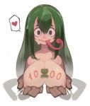  1girl animal_between_breasts asui_tsuyu between_breasts black_eyes body_writing boku_no_hero_academia bow_by_hair breast_hold breasts brown_gloves cleavage english_commentary facing_viewer followers frog frog_girl gloves green_hair hair_between_eyes heart highres large_breasts lentiyay long_hair long_tongue low-tied_long_hair nipples solo_focus spoken_heart sweat tongue tongue_out upper_body wet wet_hair 