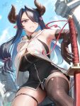 1girl :< absurdres black_dress black_gloves black_hair black_panties black_thighhighs blue_eyes blue_hair blue_sky breasts closed_mouth cloud colored_inner_hair commentary cosplay curled_horns day dress english_commentary gloves granblue_fantasy hair_intakes hair_over_one_eye highres hololive hololive_english hood hooded_vest hoodie horns katana large_breasts long_hair multicolored_hair narmaya_(granblue_fantasy) narmaya_(granblue_fantasy)_(cosplay) ouro_kronii outdoors padoruu panties panty_peek pointy_ears short_dress single_thighhigh sky sleeveless sleeveless_dress solo sword thigh_strap thighhighs underwear vest virtual_youtuber weapon white_vest 