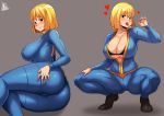  1girl ass blonde_hair blue_bodysuit blush bodysuit breasts covered_nipples fallout_(series) fallout_4 grey_background heart highres huge_breasts jmg large_breasts long_hair looking_at_viewer multiple_views short_hair simple_background squatting thick_thighs thighs unzipped vault_girl 