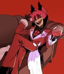  1boy alastor_(hazbin_hotel) antlers deer_antlers deer_boy demon_boy evil_grin evil_smile grin hazbin_hotel hellaverse horns looking_at_viewer male_focus monocle red_hair red_suit sharp_teeth smile solo suit teeth wuvn5825 