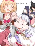  1boy 2girls :d ^_^ animal_ears bangs black_bow black_hair blonde_hair blush bow breasts cleavage closed_eyes commentary_request cosplay disney djeeta_(granblue_fantasy) dress erune eyebrows_visible_through_hair gauntlets gloves granblue_fantasy hair_between_eyes hairband hand_to_own_mouth heart highres long_sleeves medium_breasts mickey_mouse mouse_ears multiple_girls nier_(granblue_fantasy) open_mouth parted_lips pilokey pink_dress puffy_short_sleeves puffy_sleeves red_eyes red_hairband shirt short_sleeves silver_hair simple_background smile striped striped_bow translation_request vikala_(granblue_fantasy) vikala_(granblue_fantasy)_(cosplay) white_background white_gloves white_shirt wide_sleeves 