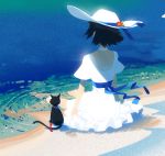  1girl barefoot beach bell bell_collar black_hair blue_ribbon blue_theme cat choker cluseller collar commentary day dress english_commentary engrish_commentary flower from_behind hat hat_flower hat_ribbon jingle_bell ocean original outdoors partially_submerged red_flower red_ribbon ribbon sand sash short_hair short_sleeves sitting soaking_feet solo sun_hat tail tail_ribbon water white_choker white_dress white_headwear 