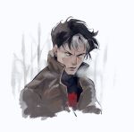  1boy bat_signal batman_(series) batman_symbol black_bodysuit black_hair blue_eyes bodysuit brown_jacket dc_comics grey_bodysuit hokkemaruyaki jacket jason_todd male_focus multicolored_bodysuit muscular muscular_male open_clothes open_mouth red_hood_(dc) red_hood_and_the_outlaws short_hair simple_background superhero_costume taut_bodysuit two-tone_bodysuit 