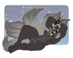 2025 5:4 5_fingers 5_toes abs anthro arm_hair armpit_hair balls beard black_claws black_nipples black_nose black_sclera body_hair canid canine chest_hair claws constellation erection facial_hair feet fingers fox fur genitals glans grey_balls grey_beard grey_body grey_facial_hair grey_fur grey_hair grey_penis grin hair hand_behind_head hand_on_head hi_res looking_at_viewer lying male mammal multi_tail muscular nipples nude on_back pecs penis pupils red_pupils smile smoking_pipe solo soradezwolfox star tail teeth toes whiskers