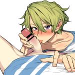 2boys absurdres bar_censor blush censored commentary_request ensemble_stars! green_hair highres konery_(reasonyou) large_penis licking licking_penis multiple_boys penis purple_eyes testicles tomoe_hiyori tongue tongue_out white_background yaoi 