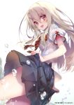  1girl :d black_skirt blonde_hair blurry_foreground breasts commentary eyebrows_visible_through_hair fate/kaleid_liner_prisma_illya fate_(series) hair_between_eyes hong_(white_spider) illyasviel_von_einzbern long_hair looking_at_viewer medium_breasts neck_ribbon open_mouth patreon_username pleated_sleeves puffy_short_sleeves puffy_sleeves red_eyes red_neckwear red_ribbon ribbon shirt short_sleeves sidelocks signature simple_background skirt skirt_hold smile solo thighs water_drop wet wet_clothes white_background white_shirt 