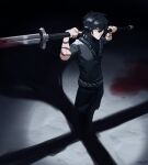  1boy absurdres arm_tattoo bags_under_eyes black_eyes black_hair black_tunic blood blood_on_weapon commentary english_commentary full_body highres holding holding_sword holding_weapon jerree looking_at_viewer male_focus over_shoulder pool_of_blood rope_belt shadow_slave short_hair snake_tattoo solo standing sunny_(shadow_slave) sword tattoo tunic weapon weapon_over_shoulder 