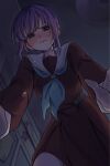  1girl 3: aqua_neckerchief blush breasts brown_dress closed_mouth commentary crying crying_with_eyes_open dress from_below green_eyes half-closed_eyes hasu_no_sora_school_uniform highres hiyori_(20hiyori727) indoors large_breasts link!_like!_love_live! long_hair long_sleeves looking_at_viewer love_live! low_ponytail medium_dress neckerchief nose_blush otomune_kozue pleated_dress ponytail purple_hair sailor_collar sailor_dress school_uniform sidelocks solo tears virtual_youtuber white_sailor_collar winter_uniform yukadon_on_viewer 