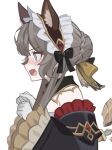  1girl animal_ear_fluff animal_ears black_bow black_collar black_sleeves blue_eyes blush bow braid brown_hair bun_with_braided_base cat_ears collar detached_collar detached_sleeves fang frilled_sleeves frills from_side genshin_impact gloves hair_bow hashtag-only_commentary headdress highres long_sleeves open_mouth sandrone_(genshin_impact) shigemitsu_jun simple_background skin_fang solo upper_body white_background white_gloves winding_key 