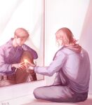  2boys artist_name baggy_pants belt black_belt black_pants boots brown_boots brown_hair brown_pants bucky_barnes buttons captain_america:_civil_war captain_america:_the_first_avenger captain_america_(series) closed_eyes closed_mouth commentary commission different_reflection dual_persona english_commentary from_behind full_body hand_up highres hood hooded_jacket indoors jacket lapels lips male_focus mare_hane marvel military military_uniform mirror multiple_boys pants pocket prosthesis prosthetic_arm purple_jacket reflection shadow short_hair sitting smile 