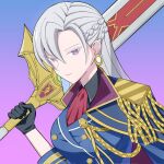  1girl ascot aurelia_le_guin black_gloves blue_dress commentary dress earrings eiyuu_densetsu english_commentary gloves gold_earrings greatsword highres holding holding_sword holding_weapon huge_weapon jewelry kaishain_ichigo long_hair looking_at_viewer over_shoulder purple_ascot purple_eyes sen_no_kiseki_(series) sen_no_kiseki_iii sen_no_kiseki_iv simple_background sword sword_over_shoulder weapon weapon_over_shoulder white_hair 